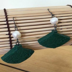 Green Oriental Fan & Pearl Drop Earrings 2"